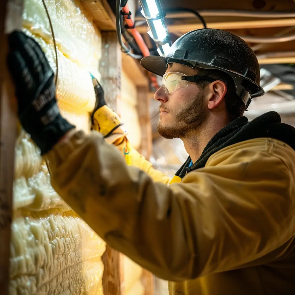 Inspecting spray foam insulation in basement. Contractor wearing a hardhat and safety glasses. Inside a house where a tube light is set up for lighting.