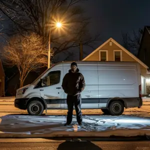 Contractor waiting in front of his van at a house in middle of winter. It is night time. Van is slightly dirty. Scene is midwest Iowa style home. Snow is on the ground.