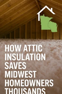 Fresh attic insulation installation showing loose-fill insulation covering attic beams with a Midwest house graphic, promoting home energy savings.